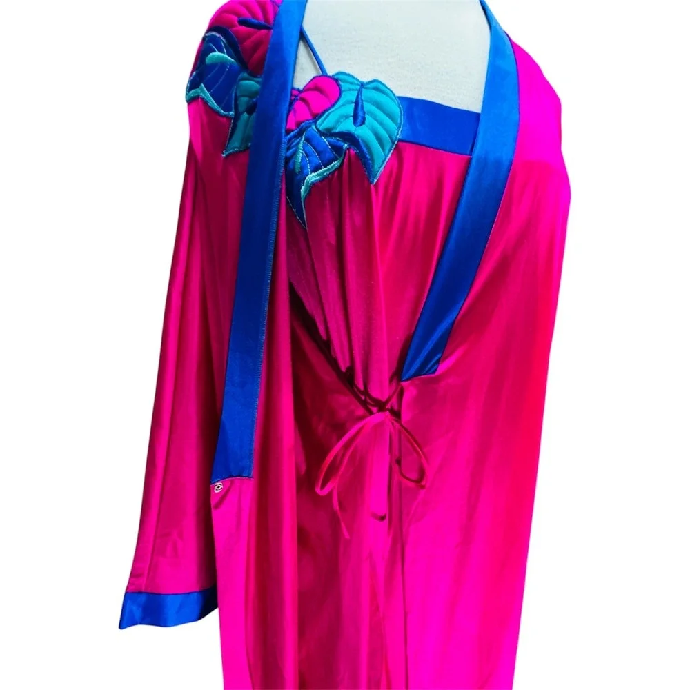 VTG Bright Pink Blue Gown Satin Slip Robe Set Tropical Monstera Leaf M Peignoir